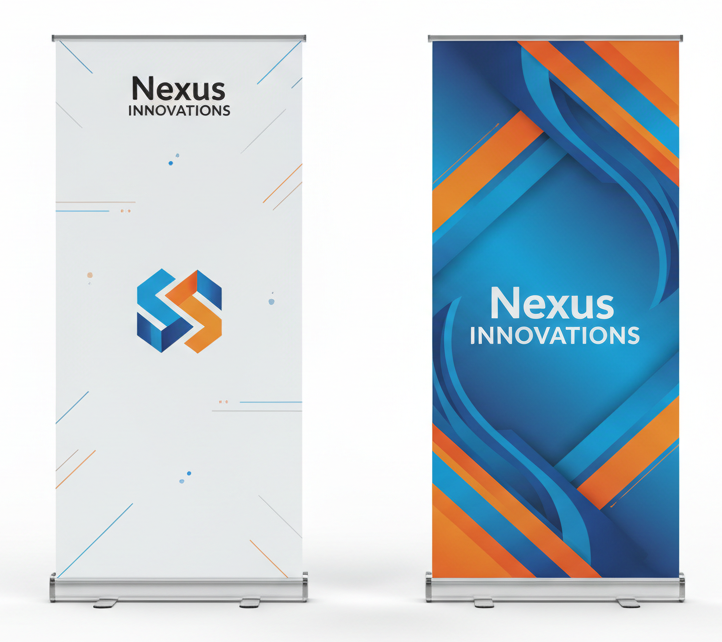 2 33" x 81" retrctable banners facing one another. The banners have the same colors, fictional company, and logo, but have different design styles. Show the full size of the banners. The background is white.