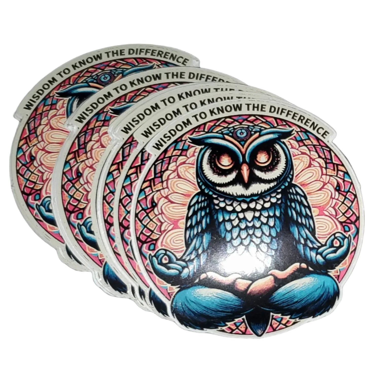 Set of four stickers with an owl design and 'Wisdom to Know the Difference' text on a dark background.