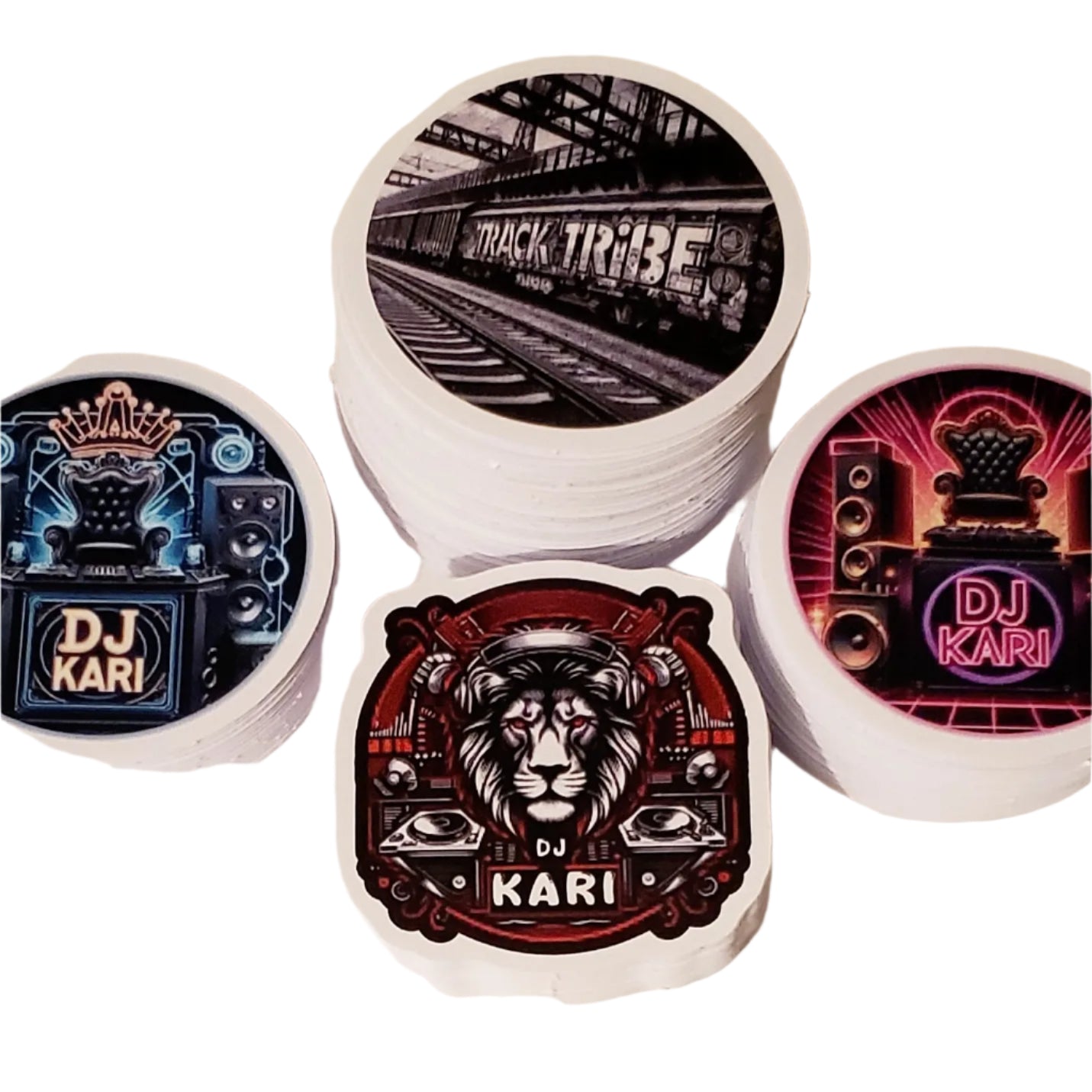 Collection of DJ Kari branded coasters with various designs on a light background
