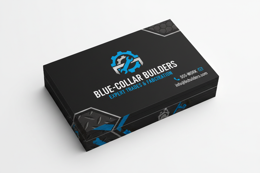 Create a stack of standard black business cards with promo design and info on a white background. Use a blue collar company as inspiration