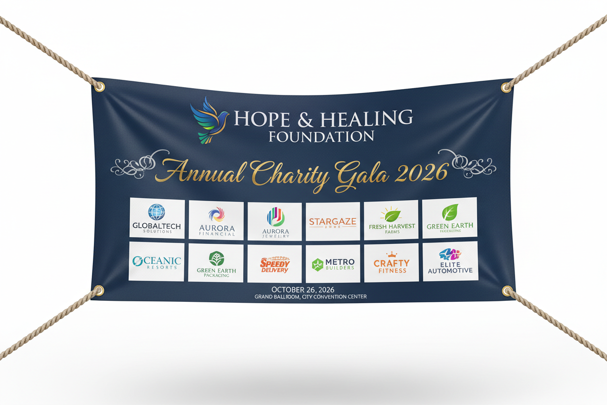 Full-color matte vinyl banner for a fictional fundraising event, with sponsors and organization name/logo. Banner is hung with rope and the banner sits on a white background