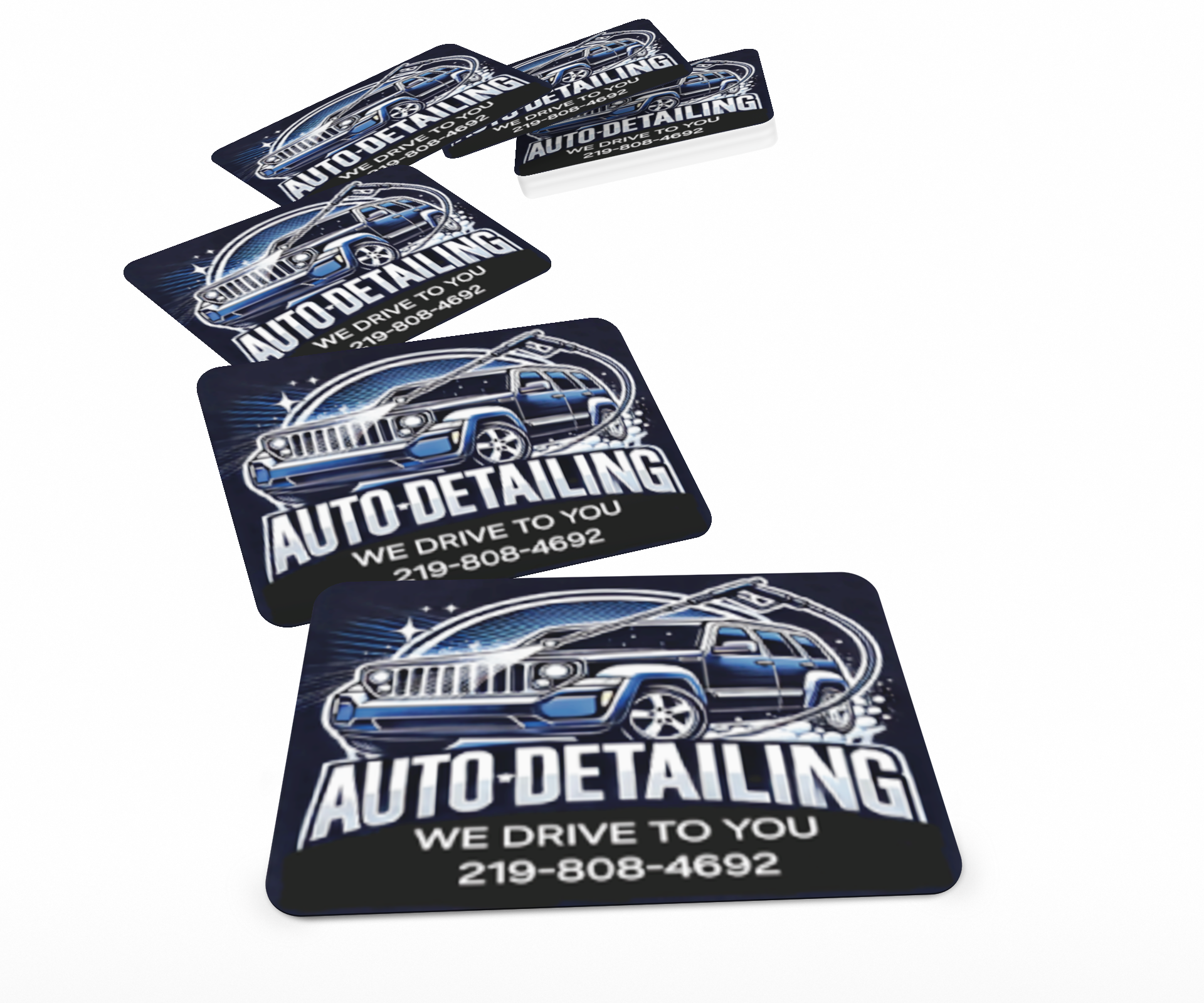 Set of promotional cards for auto detailing services with a Jeep graphic and contact information.